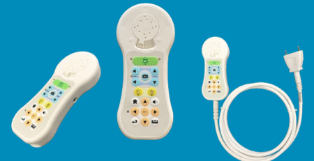 Gen 2 Patient Entertainment Handset with large easy-to-use buttons for TV, volume, channel control, lighting, and nurse call functions.